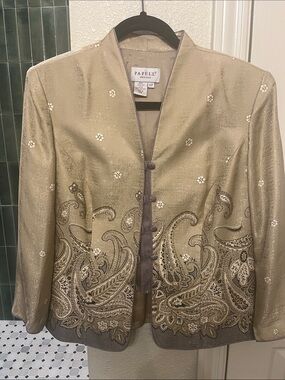 Papell Silk Petite Gold Embroidered Paisley Jacket